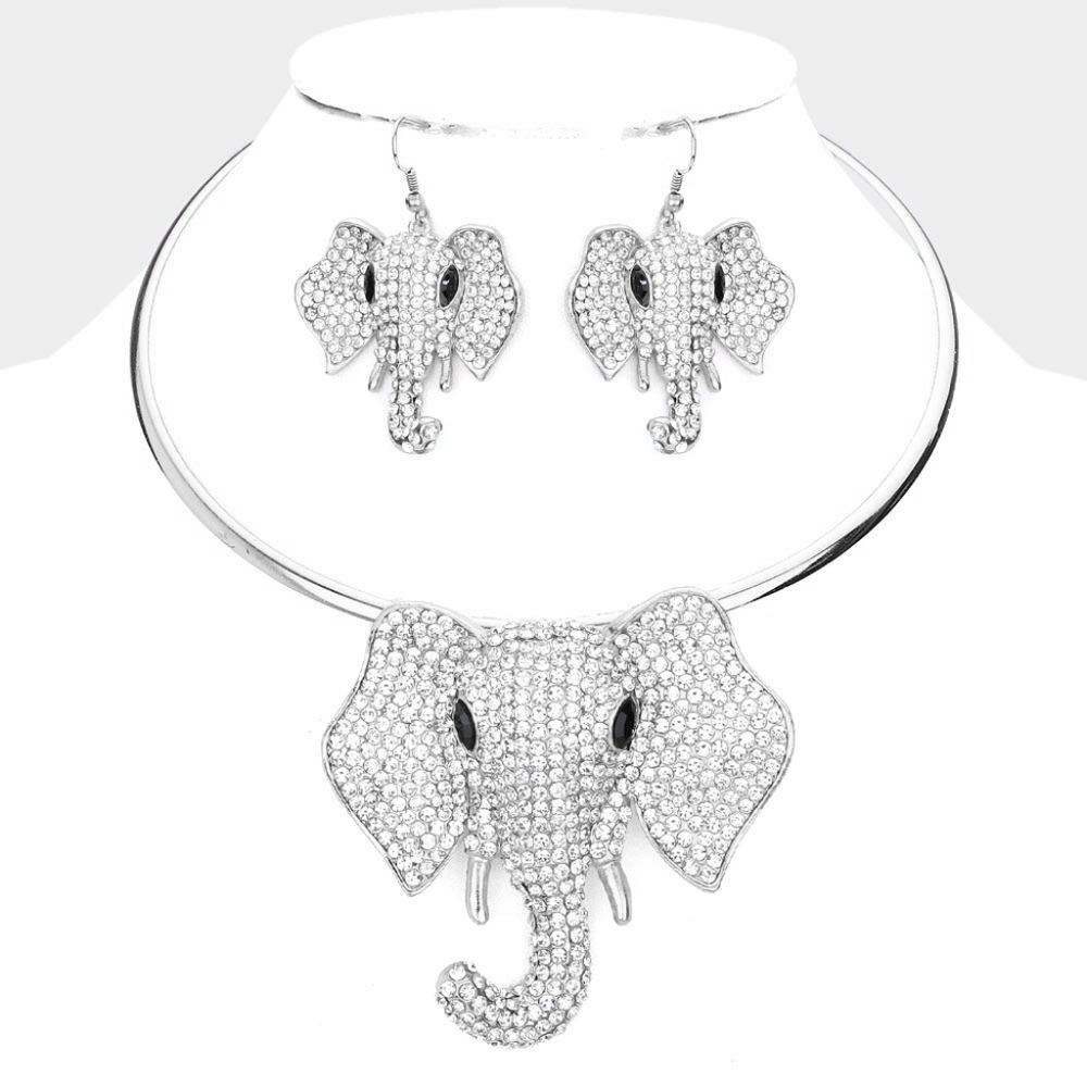 Silver Elephant Pendant Charm Choker Necklace Statement Crystal Rhinestone Chain